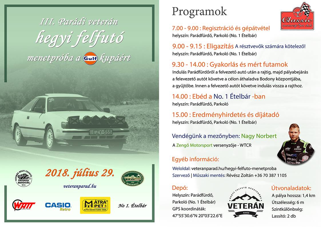 III. Parádi Veterán Hegyi Felfutó Menetpróba a Gulf kupáért - 2018 plakát